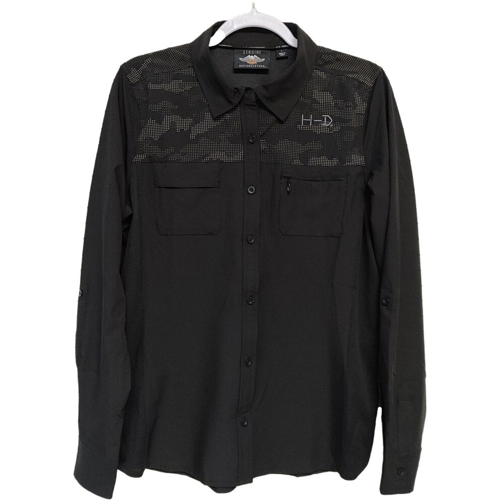 Harley-Davidson Performance Riding Shirt L Black Perforated Mesh Camo Logo